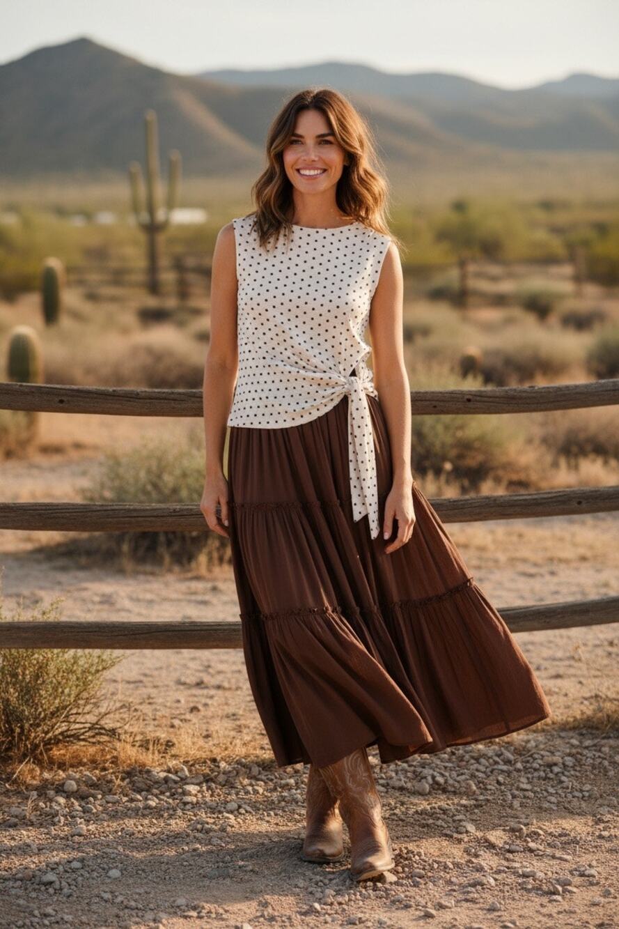 By River Cream Top Shirt Sz M Brown Polka Dot Sleeveless Tie Front Wrap Gauzy